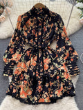 Women Single Breasted Mini Dress Lantern Sleeve Sashes Boho Vintage Dress Fashion Lady OL Floral Print Lace Robe