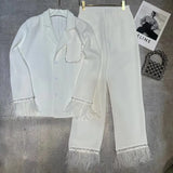 Patchwork Feathers Two Piece Set Womens V Neck Long Sleeve Tops High Waist Wide Leg Pants Solid Sets Female