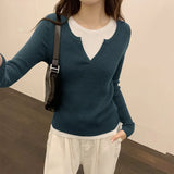 Ins Color Splicing Fake Two Long-Sleeved Tops Women's New Minority Autumn And Winter Knitted Bottomed Sweaters-Outfit