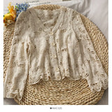 2021 New Summer Thin Knitted Cardigans Korean Solid V Neck Lace Hollow Out Sweaters Vintage Elegant Outwear