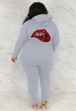 Casual Plus Size Beaded Mounth Long Sleeve Hoodies And Sweatpants 2 Piece Jogger