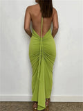 Women Halter Tie-up Backless Long Dress Slim Fit Solid Ruched Summer Party Dress Sleeveless Off Shoulder Vestido 2023-Outfit