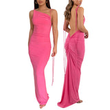 Sexy Women‘s Bodycon Long Dress Solid Color Slant Shoulder Drawstring Backless Ruched Detail Skinny Party vestido-Outfit