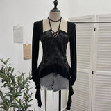 Dark Tidal Irregular Hanging Neck Tie With Hollow Spliced Niche Pads On The Shoulder With Long-Sleeved T-Shirt