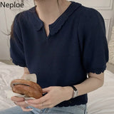 Fashion Women T Shirts Vintage Knit Cropped Sweater Tops Korean Puff Sleeve Woman Tshirts Summer 2023 Femme Ruffles