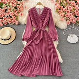 VAREY LIN New Spring Autumn Women Casual Solid Slim Dress Elegant A Line V Neck Puff Sleeve Chiffon Pullover Mid-Calf