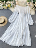 VAREY LIN New Spring Autumn Women Elegant Holiday Dresses Puff Sleeve Slash Neck Off Shoulder Smocked White Chiffon
