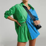 Loungewear Women Blue Suits With Shorts Casual Loose Long Sleeve Cardigan Shirt Two Piece Set Sleepwear Summer