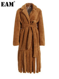 Loose Wine Red Lambswool Tassels Big Size Long Jacket New Lapel Long Sleeve Women Coat Fashion Autumn Winter 2022
