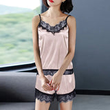 Pajamas Set Home Suit Top And Shorts Sexy V-Neck Sleeveless Satin Lace Sleepwear Pijama Home Clothes For Women