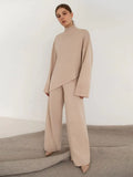 Women Knitted Two Piece Sets Solid High Collar Pullovers+Wide Legs Pants Irregular Suit 2022 Autumn Winter Fashion Loose