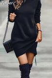Women Sweatshirt Dress 2023 Winter Autumn Long Sleeve Turtleneck Split Party Dress Women Casual Pullover Solid Warm Mini