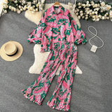 Holiday Fashion Print Two Pieces Sutis Autumn Batwing Sleeve Loose Top+Casual Straight Long Pant 2022 Retro Women