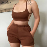 Casual Solid Sportswear 2 Two Piece Sets Women Crop Top And skinny Elastic Force Shorts 2021 Summer Athleisure