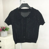 Sweater Women's 2024 Summer Korean Version Of Single-Breasted Polo Collar Knitted T-Shirt Short Style Short-Sleeved Blouse-Outfit