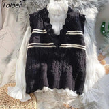 Vests Women Harajuku Retro Young Ins 3xl Loose Leisure V-neck Wave Edge Knit Korean Sleeveless Female Soft Y2k