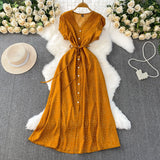 Red Dot V-Neck Women's Short-Sleeved Dress Summer Single Buckle Tie With Thin A-Word Mid-Long