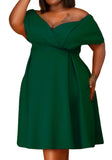 Sweet Off-the-shoulder Short Sleeves Solid Belted Midi A-line Plus Size Party