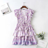 Cotton Purple Print Short-Sleeved Leaf Sleeve Dress