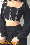 Women Y2k Chains Dark Black Gothic Zipped Tops Women Sexy Off Shoulder T-shirts Clubwear Long Sleeve Crop Tops