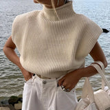 Sweater Turtleneck Sleeveless Women 2020 With Shoulder Pads Knitted Pullover Autumn Winter Jumper Casual Tops