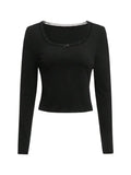 Women Lace Patchwork Ribbed Slim T-shirts Cropped Tops Solid Color Round Neck Long Sleeve Base Tees Shirts Streetwear-Outfit