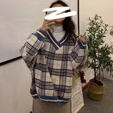 Plaid Knitted Sweater Women Pullover Oversized Winter Jumpers Casual Long Sleeve Sweaters Lady Loose V Neck Top Warm