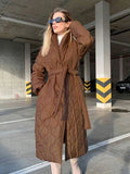 Women Fashion Long Lace-up Padded Jacket 2022 New Winter Thick Warm Outerwear Elegant Solid Cotton Lined Lady Jackets