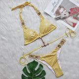 Toloer New Strap Neck Bikini Sexy Shiny Gold Crystal Diamond Swimsuit