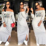Sexy Slash Neck Ladies Solid Color Letter Printing Long Dress Home Casual Street Loose Large Size