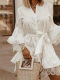 Elegant Lace Dress 2022 Summer 3/4 Flare Sleeve Solid Party Mini Vestidos Sexy V Neck Casual Ruffled Dresses Beach