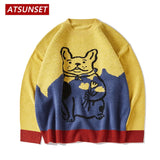 Stitching Color Bulldog Embroidery Sweater Harajuku Retro Style Knitted Sweater Autumn And Winter Cotton Pullover