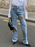 Sexy Blue Hollow Out Jeans Woman Fashoin Slim High Waist Straight Pants Streetwear Full Length Denim Trousers