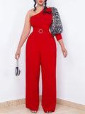 With Belt Women's Slanted Shoulder Sexy Waist Temperament Broad Leg Size