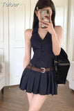 Temperament Robe Femme V-neck Sleeve Striped Dress Women Clothing High Waist A-line Summer Vestido Femme Pleated Mini