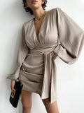 Party Ruched Sexy Dress Women Lantern Sleeve V-Neck Satin Short Dress With Sashes Clubwear Spring 2023 Solid