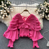 Ruffles Slim Chiffon Long Blouse Fashion V Neck Chic Long Sleeve Elastic Waist 2022 Autumn French Streetwear Solid