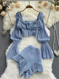 Ruffled Elastic Women Solid Set Square Neck Flare Sleeves Tops+ Mini Shorts French Style Elegant Two Piece