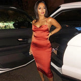 2020 Satin Sleeveless Cross Lace Up Backless Sexy Mid-Calf Dress Women Spaghetti Strap Dresses Club Party Outfits