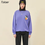 Women Sweatshirts Spring Autumn O Neck Loose Hoodies Cartoon Squirrel Print Cotton Lined Casual Chic