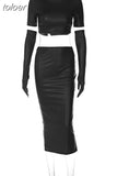 Summer Sexy Solid Faux Leather Crop Top And Long Skirt Sets Club Outfit For Women 2023 Black PU 2 Two Piece Sets