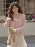 French Gentle Cream Blue Knitted Cardigan Women's 2024 Spring And Autumn V-Neck Loose Short Blouse-Outfit
