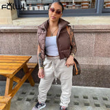 Winter Coat Cropped Jackets For Women 2021 Streetwear Sleeveless Turtleneck Fashion Brown Puffer Vest Zipper Casual