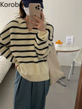 Korean Fashion Simple Loose Knitted Tops Lazy Style Age Reduction Contrasting Colors Sweater Women Stripe Long