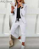 Women Casual Two Piece Work Wear Blazer Coat & Drawstring Pants