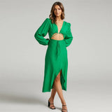Graduation party Green Dresses Hollow Out Sexy Dress Beach Holiday Spring Summer 2022 New Lace Up Lantern Sleeve Split Midi Skirt Womens