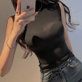 Turtleneck Sleeveless T Shirts Female Vintage Women Clothing 2023 Summer New Slim Tee Shirt Femme Fashion Korean Y2K Tops-Outfit