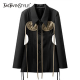 Patchwork Colorblock Cut Out Bandage Blazer For Women Slim Lapel Long Sleeve Mini Coats Female 2021 Autumn