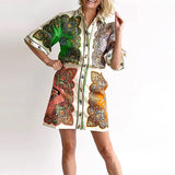 New Women's Collar Single Row Buckle Long-Sleeved Temperamental Print Dress Dress
