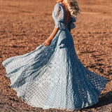 Blue V-Neck Puff Sleeve Keyhole Long Evening